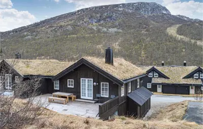a house with a grass roof on a mountain at Beautiful Home In Hovden I Setesdal in Hovden