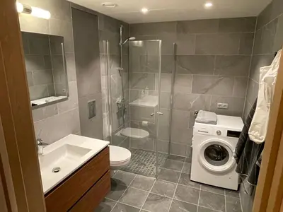 a bathroom with a shower toilet and a washing machine at Gaustatoppen Lodge - Mountain View - Gaustablikk in Rjukan