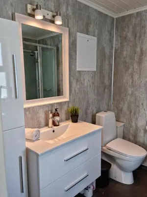 a bathroom with a sink and a toilet and a mirror at Fosskamben Panorama Sogndal in Sogndal