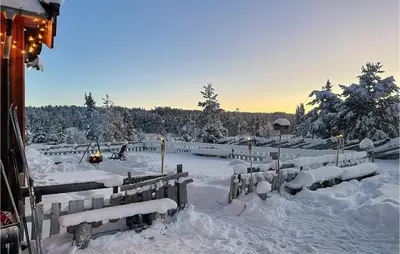 a snow covered yard with benches covered in snow at Amazing Home In Tisleidalen With Sauna in Hovda