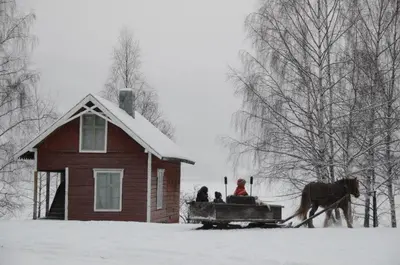 a man riding a horse drawn sleigh in front of a house at Fagernes Camping in Fagernes