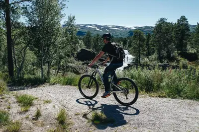 a man riding a bike on a dirt road at Lisletun in Hovden