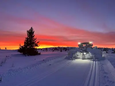 a group of people skiing in the snow at sunset at Golsfjellet - Bualie, milevis med sykkelveier, fiske og vannaktivitet, ski inn/ut til alpinanlegg og langrennsløyper. in Gol