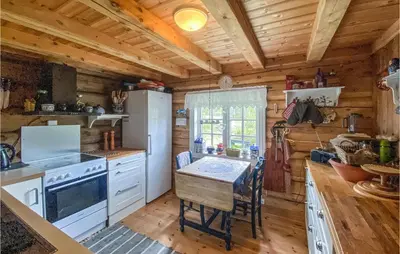 a kitchen with white appliances and a wooden ceiling at Nice Home In Vinstra With Kitchen in Vinstra