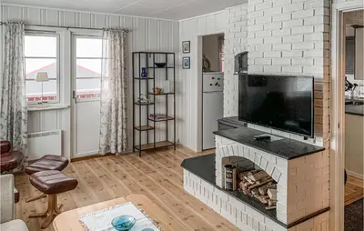 a living room with a fireplace with a flat screen tv at Gorgeous Home In Svingvoll With Wifi in Svingvoll