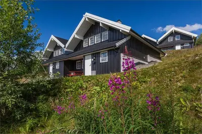 a black house on top of a hill with purple flowers at Beito Resort Hytter in Beitostøl