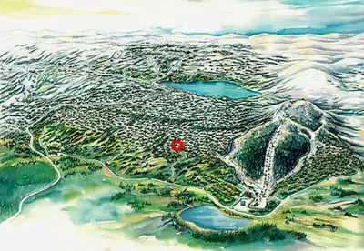 a painting of a map with a red dot at Berghstua - Natrudstilen på Sjusjøen in Sjusjøen