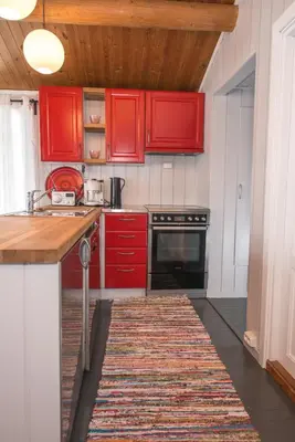 a kitchen with red cabinets and a rug on the floor at Nærglimt - cabin by the lake Næra in Ringsaker