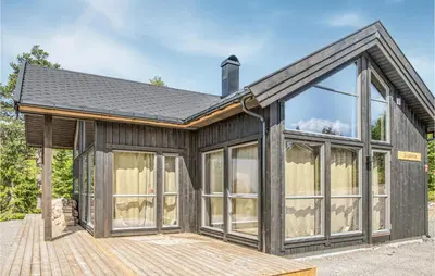a black house with large windows on a deck at Awesome Home In Rena With Wifi in Rena