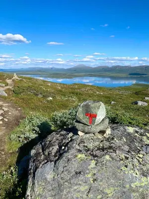 a hat sitting on top of a rock on a hill at Beitostølen sentralro in Beitostøl