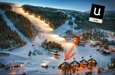 an aerial view of a resort in the snow at Mountain retreat in Uvdal WIFI SAUNA in Uvdal