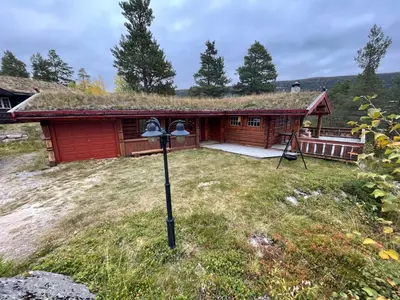 a house with a grass roof with a lamp in the yard at Timber Lodge in Uvdal Skisenter VIEW/WIFI in Sønstebø