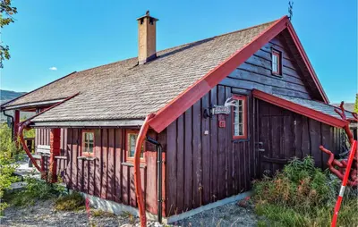 a small wooden building with a chimney on top at Nice Home In Hovden I Setesdalen in Hovden
