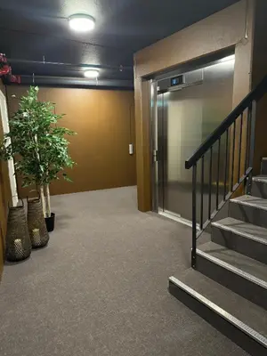 a hallway with stairs and a door and a plant at New apartment, Gausta in Rjukan. Ski in/ ski out in Rjukan