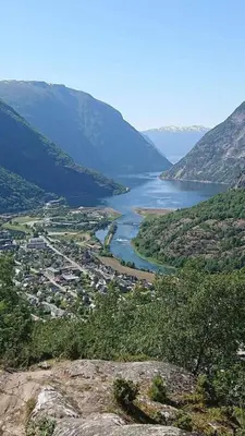 a view of a river from a mountain at Hillegård in Lærdalsøyri