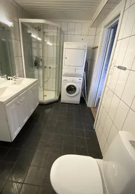a bathroom with a washing machine and a washer at Stryn - Faleide -hytte med fjord og fjell utsikt in Stryn