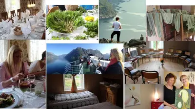 a collage of photos of a restaurant with people eating at Overvoll Farm in Stranda