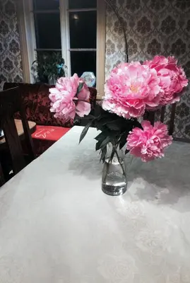 a vase of pink flowers sitting on a table at Overvoll Farm in Stranda