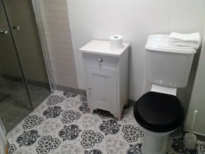 a bathroom with a toilet and a shower at Overvoll Farm in Stranda