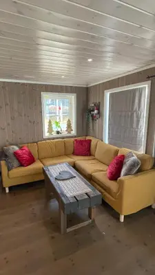 a living room with a couch and a coffee table at Sanderstølen Hytte in Tisleidalen