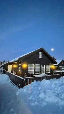 a house with snow in front of it at Sanderstølen Hytte in Tisleidalen