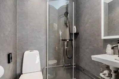 a bathroom with a shower with a toilet and a sink at Frich's Rudshøgda in Ringsaker
