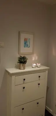 a white dresser with a plant on top of it at Sentralt 10 minutt med buss til Trondheim Sentrum in Trondheim