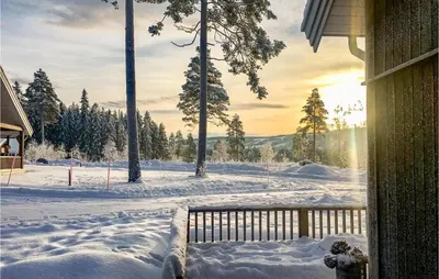 a snow covered yard with trees and a house at Cozy Home In Brøttum With Kitchen