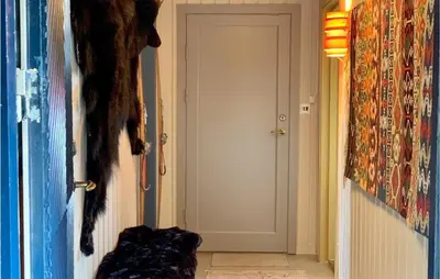 a cat is standing in a hallway near a door at Beautiful Home In Uvdal With Kitchen in Uvdal