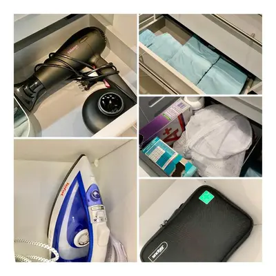 a collage of four pictures with a blow dryer in a room at Landlig beliggenhet med flott utsikt over Mjøsa in Ulven
