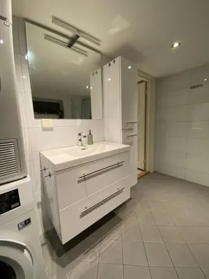 a bathroom with a sink and a washing machine at Landlig beliggenhet med flott utsikt over Mjøsa in Ulven