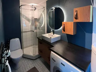 a bathroom with a sink and a shower with a toilet at Bjødnabakkens fjellutsikt in Beitostøl