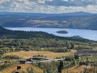 a view of a lake and a bridge in a field at Bjødnabakkens fjellutsikt in Beitostøl