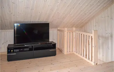 a flat screen tv in a room with a wooden ceiling at Cozy Home In Rjukan With Kitchen in Rjukan