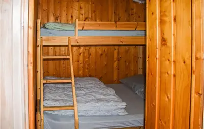 two bunk beds in a wooden cabin with a ladder at 3 Bedroom Awesome Home In Vikersund in Vikersund