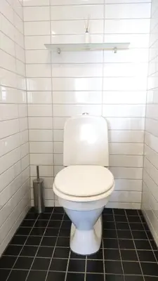 a white toilet in a bathroom with a black tile floor at Nordgards Hagen in Lillehammer