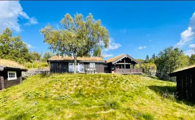 a house with a grass roof on top of a hill at Vasethytta - cabin with a lovely view in Ron