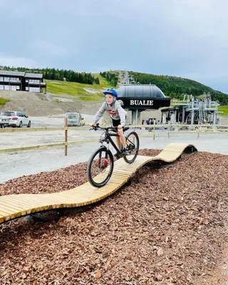 a person riding a bike on a wooden trail at Flott fritidsleilighet i Bualie på Golsfjellet in Gol