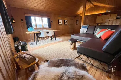 a dog laying in a living room with a couch at Voss Waterfalls - Norway Mountain Cabin & Traveller Award Winner! in Vossevangen
