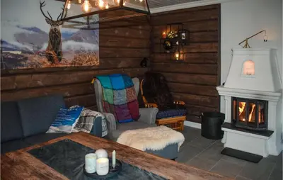 a living room with a couch and a fireplace at Lovely Home In Hjartdal With Sauna in Hjartdal