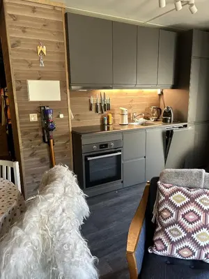 a small kitchen with a couch and a stove at Kozy apartment in Hemsedal, centrally located in Hemsedal