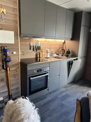 a small kitchen with a stove and a sink at Kozy apartment in Hemsedal, centrally located in Hemsedal