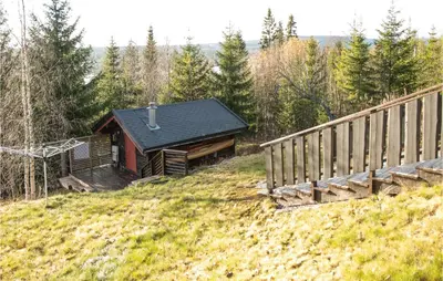 a small cabin on a hill with a wooden bridge at Stunning Home In Søre Osen in Midskogberget