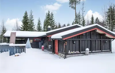 a wooden cabin with snow on the ground at Stunning Home In Søre Osen in Midskogberget