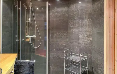 a shower with a towel rack in a bathroom at Cozy Home In Straumgjerde With Sauna in Brunstad