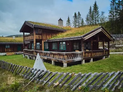 a large wooden house with a grass roof at Large cabin at Nesfjellet with lovely view, inddor Jacuzzi & sauna in Nes i Ådal