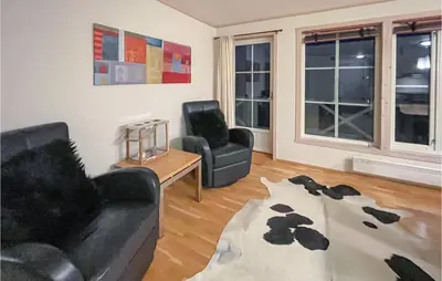 a living room with two chairs and a cow rug at Awesome Apartment In Tyinkrysset in Tyinkrysset