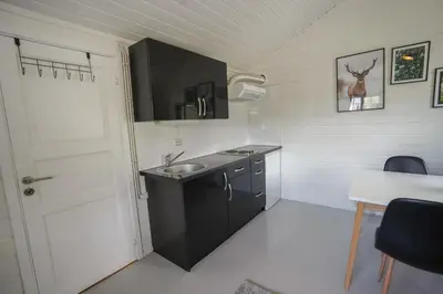 a small kitchen with a sink and a door at Koie Family in Stranda