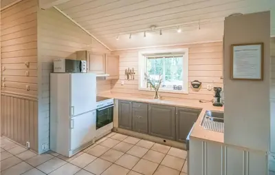 a kitchen with a white refrigerator and a sink at Gorgeous Home In Hemsedal With Sauna in Hemsedal
