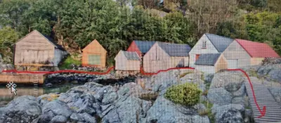 a painting of a group of houses on a hill at Exceptional Cottage 2 meters from the sea, possible to rent boat, Bekkjarvik, 60 km from Bergen in Gauksheim